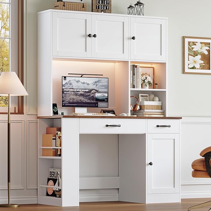 Keyluv 71" Tall Computer Desk with Hutch Cabinet, Home Office Desk with Storage Drawers Shelves and Side Rack, Wood Executive Desk with Doors, Outlet Station and Smart LED Lights, White