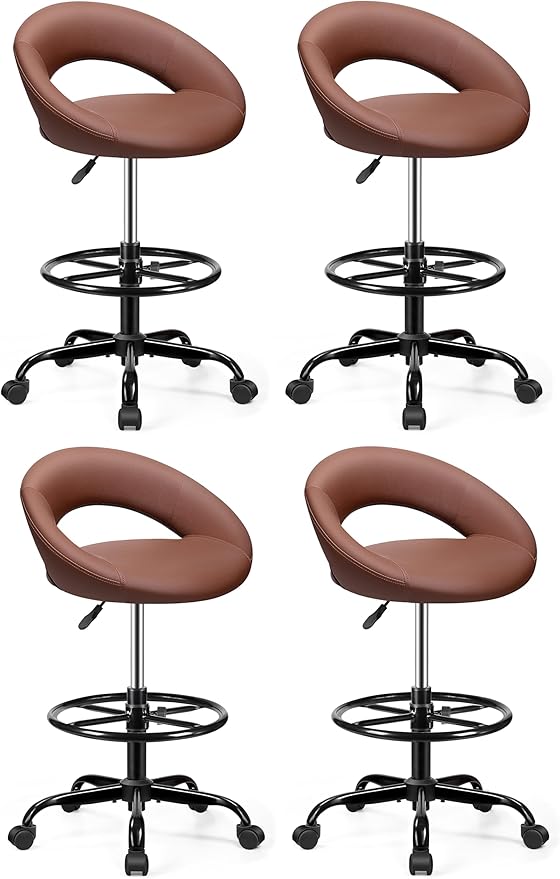 BESTFAIR Drafting Chair with Back, Height Adjustable Rolling Stool with Foot Rest, Tall 360° Swivel Stool PU Leather Chair with Wheels for Home Office, Standing Desk, Brown 4 Pack