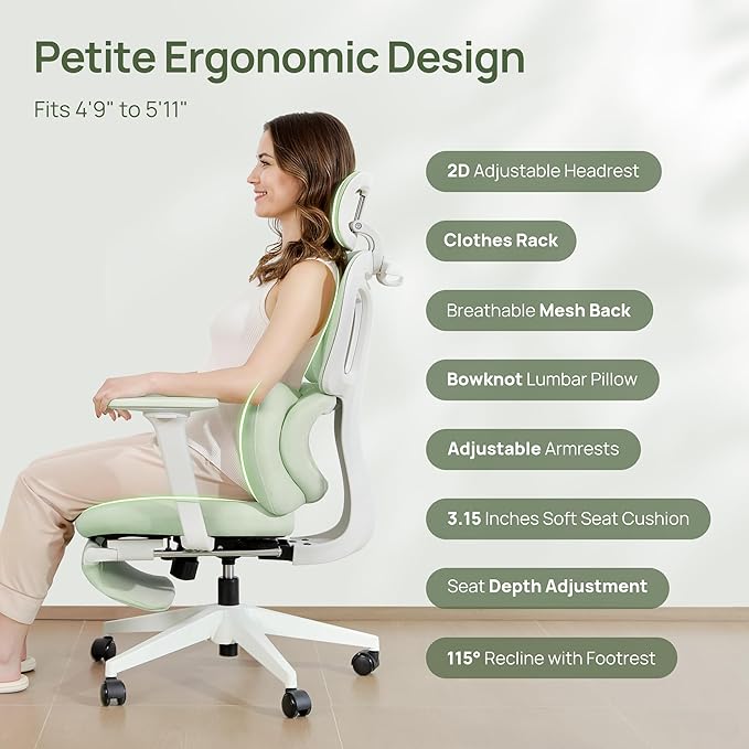 CabLady S1 Petite Ergonomic Home Desk Chair with Footrest and Headrest, High Back Fixed Lumbar Support with Detachable Pillow, Reclining Cute Office Chair for Women & Girls, 300 LBS Capacity