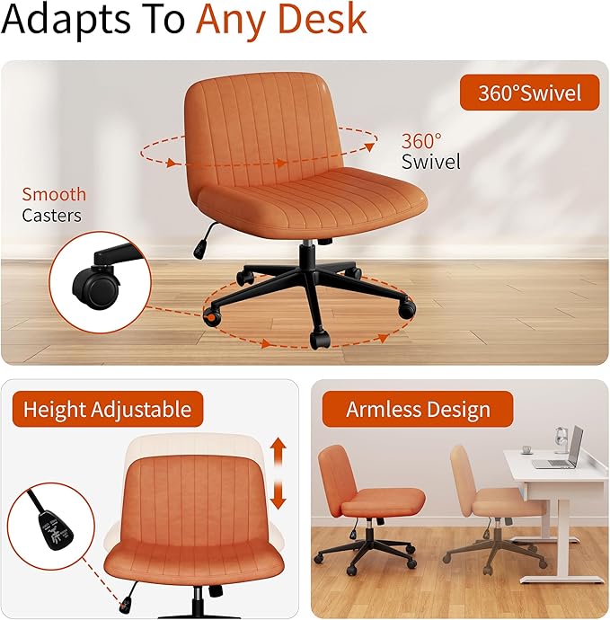 Meilocar Criss Cross Chair with Wheels, Cross Legged Office Chair, Armless Office Chairs Adjustable Height Swivel Tilting Vanity Chairs for Home Bedroom (PU Leather, Orange)