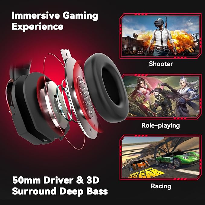 Gaming Headset with Microphone for Pc, Xbox One Series X/s, Ps4, Ps5, Switch, Stereo Wired Noise Cancelling Over-Ear Headphones with Mic, RGB, for Computer, Laptop, Mac, Nintendo (Black Red)