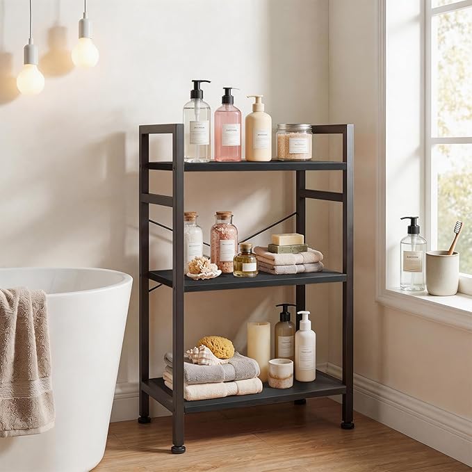 3 Tier Bookshelf, Free Standing Wooden Bookcase with Open Storage Shelves with Metal Frame, Sturdy Shelf Organization Display Rack for Living Room, Bedroom, Home Office, 27.6" Tall, Black