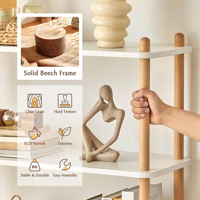 IOTXY 5-Tier Wooden Shelf Bookcase - Modern Open Bookshelf, Free Standing Storage Rack, Multifunctional Display Stand for Home and Office, White, Rectangle