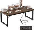 Mericonia 63 Inch Large Computer Desk with Power Outlets, 1.2" Thick Heavy Duty Industrial Office Desk, Modern Simple Study Writing Table for Home Office Bedroom Workstation, Walnut