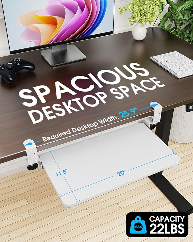Small Keyboard Tray Under Desk, Pull Out Keyboard & Mouse Tray with Adjustable C-clamp, 20(25.9 Including Clamps) x 11.8 Inch Slide Out Computer Keyboard Drawer Mouse Tray for Typing, White