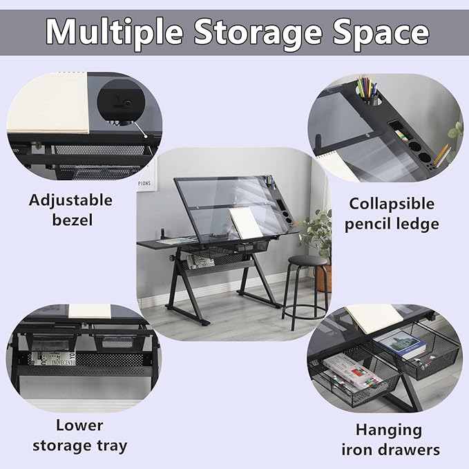 Drafting Table for Artists, Height Adjustable Glass Drawing Table with Stool, Ergonomic Art Table with 0-75° Tilting Tabletop and More Storage for Home Office, Type 1-Black