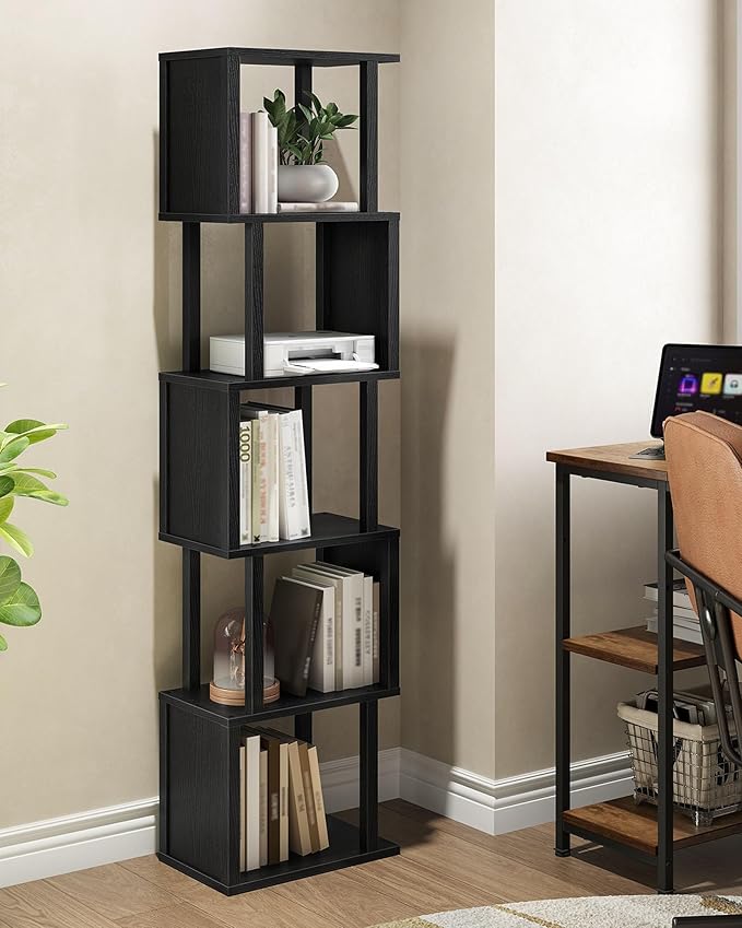 CHOEZON S-Shaped 5-Tier Bookshelf, 58.1-Inch Tall Bookcase with Anti-Tip Kit, Open Display Shelf for Living Room, Office, Bedroom Storage, Black MSJ01BB