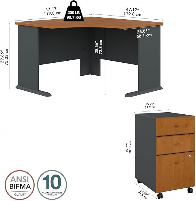 Bush Business Furniture Series A 48W Corner Desk with Mobile File Cabinet in Natural Cherry and Slate
