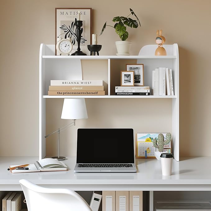 Wooden Desktop Bookshelf 37”,3-Tier Rounded-Edge Desk Storage Organizer,Space-Saving Countertop Shelf for Office Dorm Home,White
