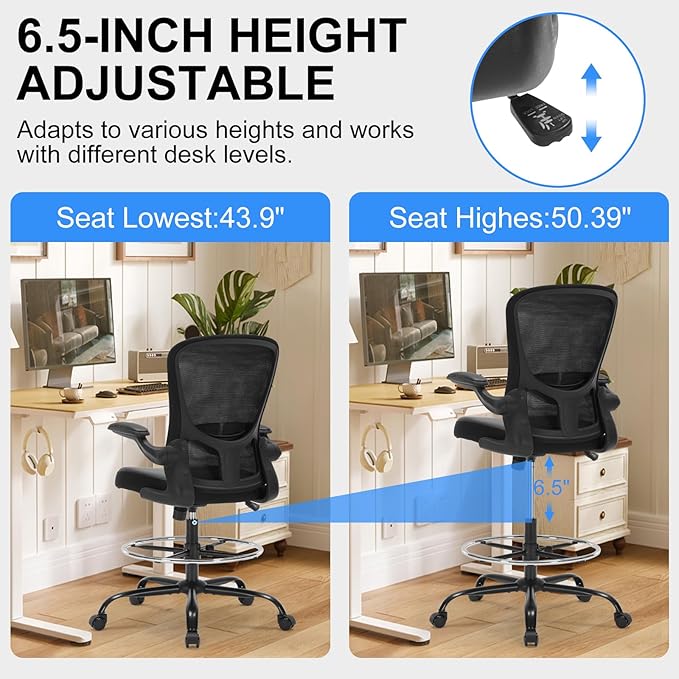 Ergonomic Drafting Chair, Standing Desk Chair with Lumbar Support Tall Office Chair with Flip-Up Arms Footrest Ring, Breathable Mesh High Desk Chair with PU Leather Seat Cushion, Black