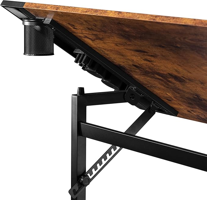 VECELO Vintage Drawing Drafting Table, Adjustable Tilting Top Art Desk Craft Work Station with Pencil Ledge, Lockable Slide Rolling Wheels for Painting Diamond Reading Writing Study, Rustic Brown