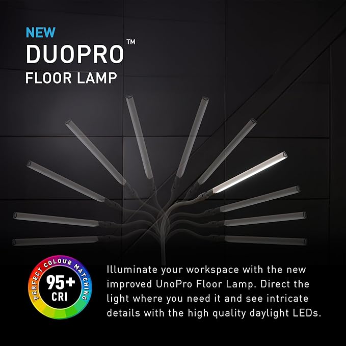 DuoLamp Floor LED Lamp - 6,000K Daylight, 2,090 Lux at 30cm, 4 Brightness Levels, Adjustable Arm, Slim Design, Perfect for Eyelash, Eyebrow, Tattooing, Salon Services - White