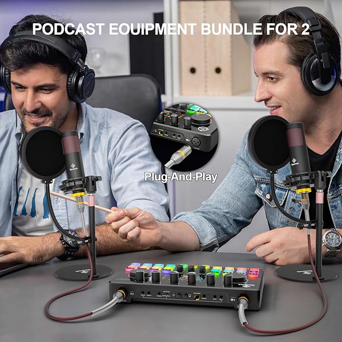 Podcast Equipment Bundle for 2 with Dual 48V XLR Condenser Micophones with Mic Pop Filters Audio Equipment for Live Streaming/Recording, Online Gaming for Phone/Laptop/PC Audio Interface M100