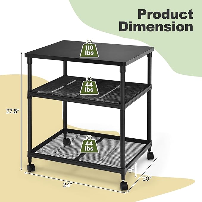 Giantex Printer Stand, 3-Tier Industrial Printer Cart with Lockable Wheels, Adjustable Shelves, Metal Frame, Mobile Under Desk Shelf for Home Office, Printer Table Fit Fax Machine, Scanner (Black)