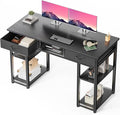 DUMOS 48" Small Computer Home Office Desk for Bedroom with Drawers, Gaming Writing Study Table with Storage Shelf, Adjustable Feet, Metal Frame Black