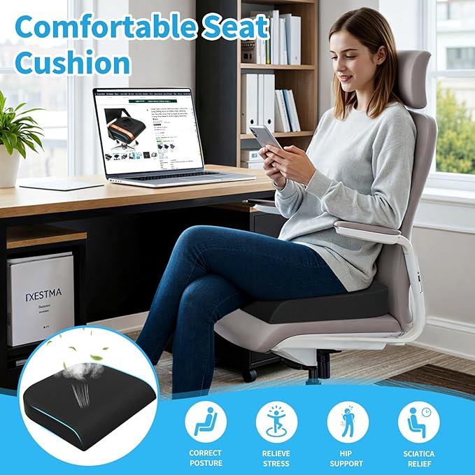 TranquilRelax Large Seat Cushion，Soft Foam Cushion for Long Sitting Hours on Office Chair, Home & Car, Non-Slip Chair Pad for Relieving Back & Sciatica & Hip & Coccyx Pain (Black)
