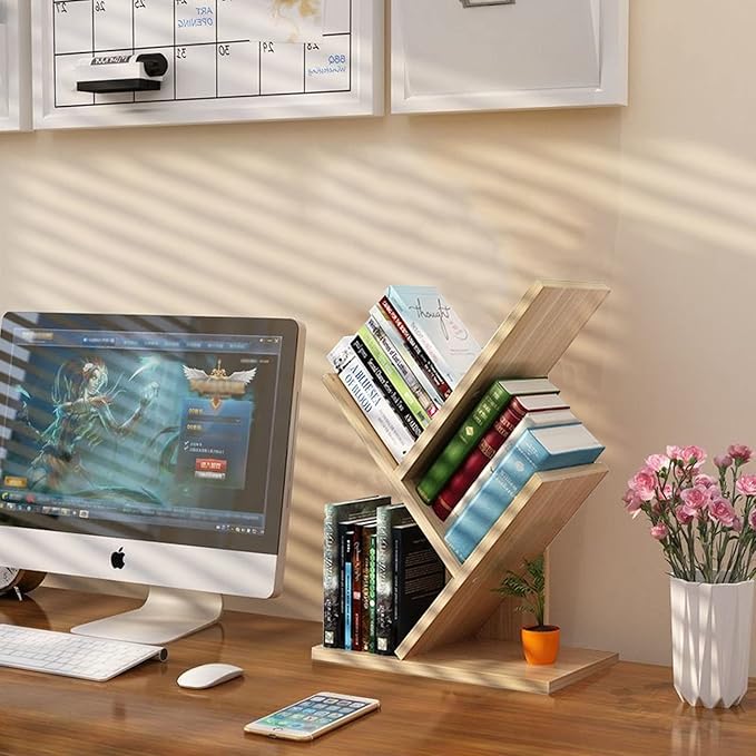 VOVCIG Tree Bookshelf 3 Shelf Desktop Organizer Y Shaped Office Storage Rack Adjustable Wood Display Shelf Small Bookshelf for Bedroom Home Office(Light Yellow)