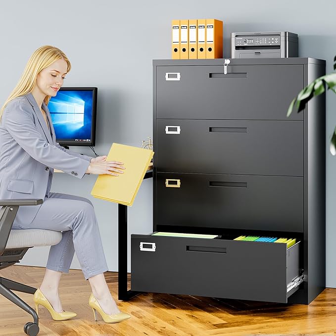 4 Drawer File Cabinets for Home Office, Metal Filing Cabinet with Lock, Black Locking File Caninet Four Drawer, Office Storage Caninets Steel Cabnet for Letter/Legal/A4/F4-Assembly Required