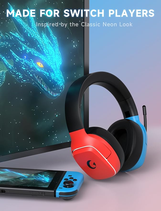 Gvyugke 2.4GHz Wireless Gaming Headset for Switch/Lite/OLED - Bluetooth 5.3 Gaming Headphones with 7.1 Surround Sound for Fortnite, 50mm Speakers, 70H Battery, Blue Lighting - BlueRed