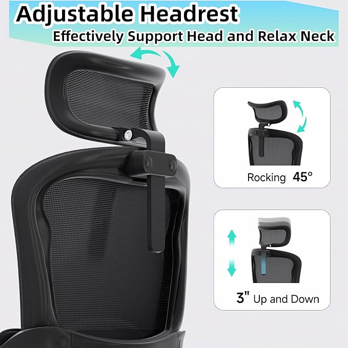 Ergonomic Office Chair - 350LB Comfy Desk Chairs with Adjustable Headrest and Lumbar Back Support, Mesh Computer Chairs with Wheels and Arms for Home Office, Study