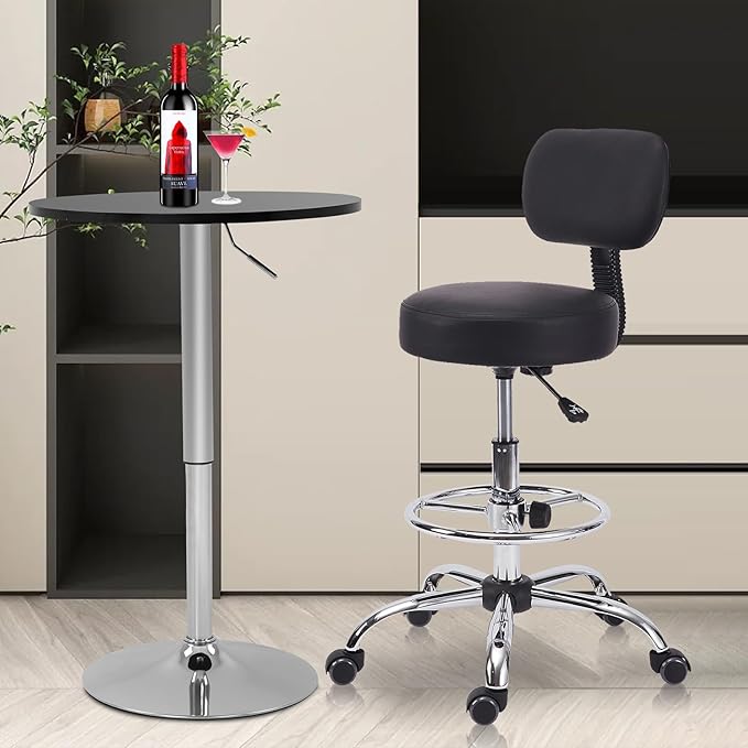 KLASIKA Drafting Chair with Backrest, Adjustable Foot Rest Height Rolling Stool with Wheels, Leather Swivel Work Shop Office Stools Chairs, Thick Seat Cushion Tall Kitchen Home Bar Stool - Black