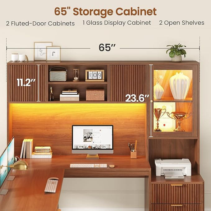 SEDETA 67" x 65" L Shaped Desk with Hutch, RGB LED Corner Computer Desk with Power Outlets, Fluted Home Office Desk with File Drawer, Storage & Glass Display Cabinets for Gaming & Working, Brown