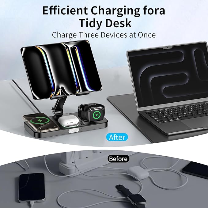 30W Foldable Charging Station for Multiple Devices, iPad Charging Station with Clock Display & Night Light for iPhone 17 Pro Max/16/15/iWatch 11/Air-pods 3/iPad 2025/Tablet Stand Holder