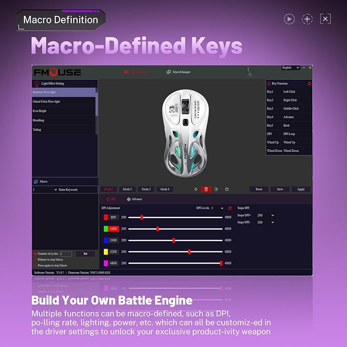 M235 Wireless Gaming Mouse, 65g Ultra-Lightweight, Hollowed-Out Sports Car Design, 4800 DPI, Tri-Mode (2.4G/BT/Wired), 8 Programmable Buttons, RGB Lighting, 1000Hz Polling Rate (Silver Frost)
