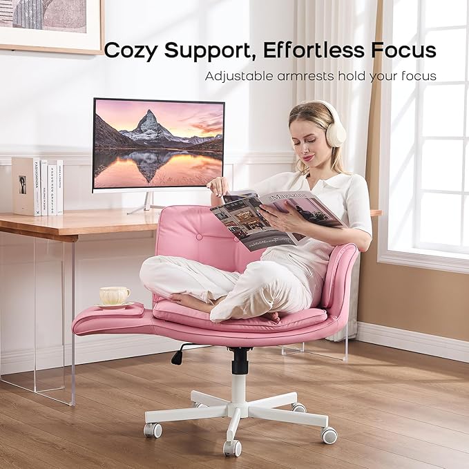 amseatec Criss Cross Chair with Armrests & Wheels, PU Leather Vanity Chair, Comfortable Adjustable Swivel Computer Office Desk Chairs for Home, Make Up, Bed Room (Pink)