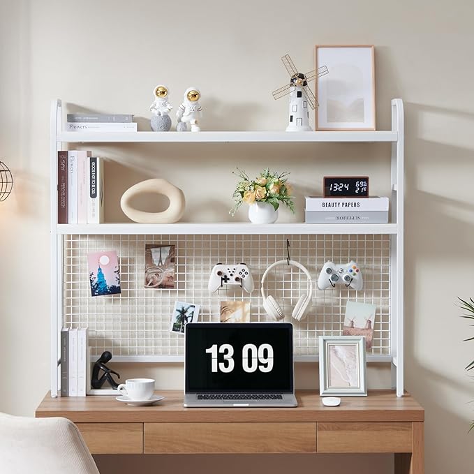 Desktop Hutch Shelf Organizer, 2-Tier Metal & MDF Desk Bookshelf with Grid Panel and Hooks for Office & Dorm (White, 45.3")