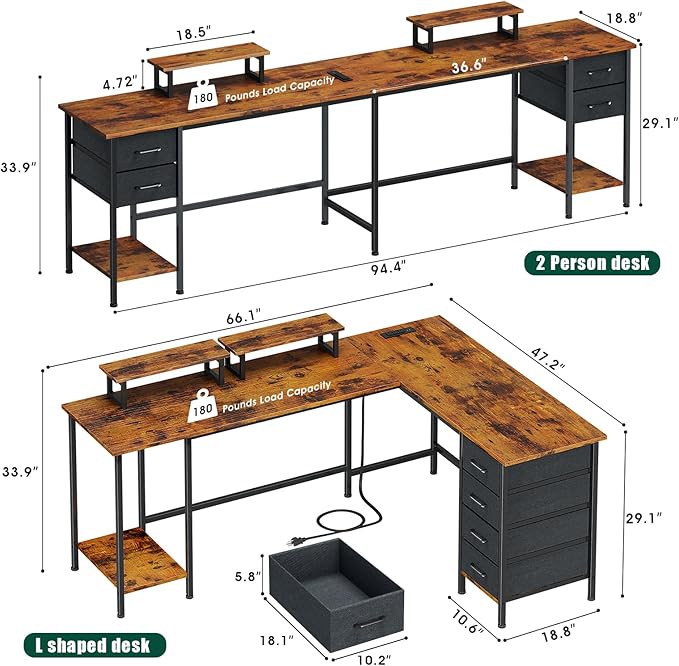 Korfile 66" L Shaped Computer Desk with Power Outlets, Home Office Desk with 4 Adjustable Storage Drawers & 2 Monitor Stands, Large Two Person Gaming Table for Writing Study, Rustic Brown
