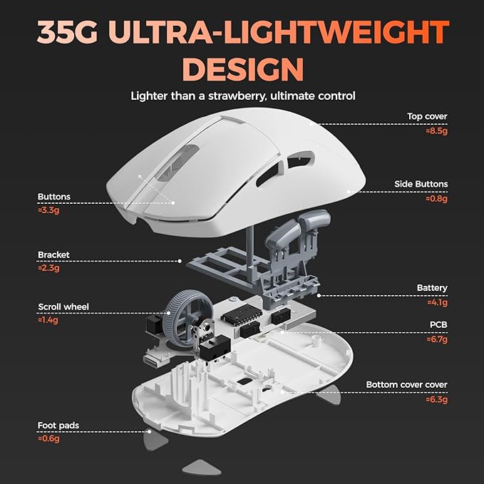 DAREU A950 Wing Ultralight Wireless Gaming Mouse 1.23oz (35g), Custom PAW3950 Optical Sensor,30K DPI, Wired/Wireless Dual 8000 Polling Rate, Symmetrical, 5 Programmable Buttons,70H Battery, Web Hub