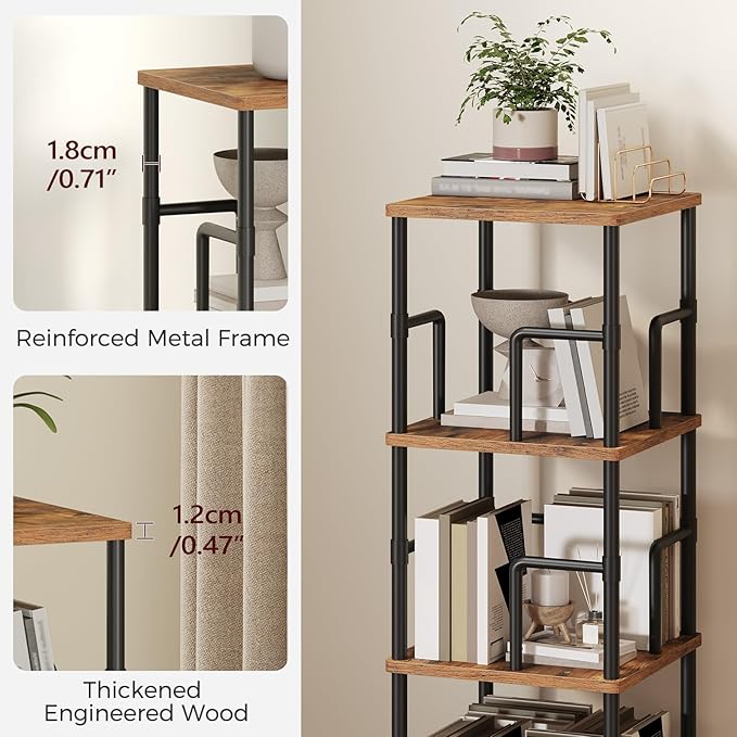 MAHANCRIS 3-Tier Rotating Bookshelf, Freestanding Corner Bookshelf, 360° Spinning Bookcase, Industrial Style Storage Rack with Rails, for Living Room, Bedroom, Study, Rustic Brown and Black BKHR1401