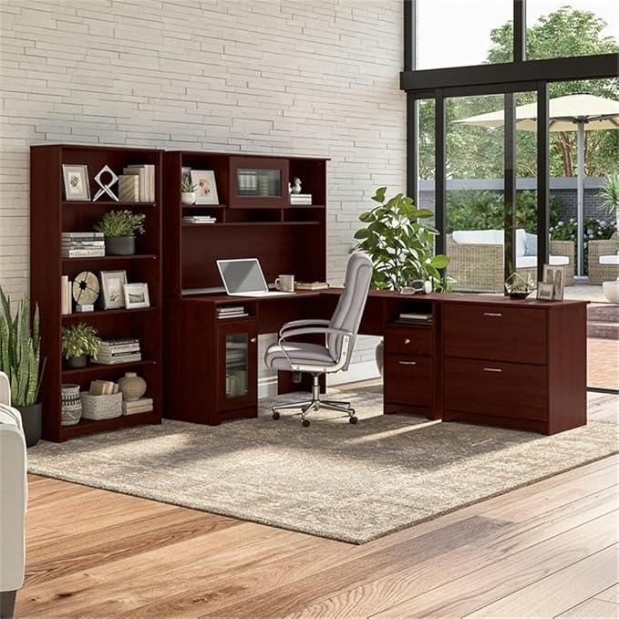 Bush Furniture L Shaped Desk with Hutch, 5 Shelf Bookcase and Lateral File Cabinet | Cabot Collection Corner Computer Table with Storage and Bookshelf | 60Wx23DX37W