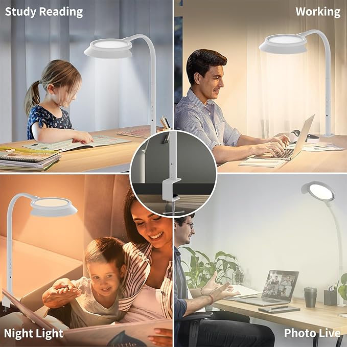 30" LED Desk Lamp with clamp,8.4" Ring Lights Natural Light Protects Eyes Dimmable Office Lamp with 25 Lighting&1500lum, Night Light and Memory Function,Monitor,Study,Work,Nail | White