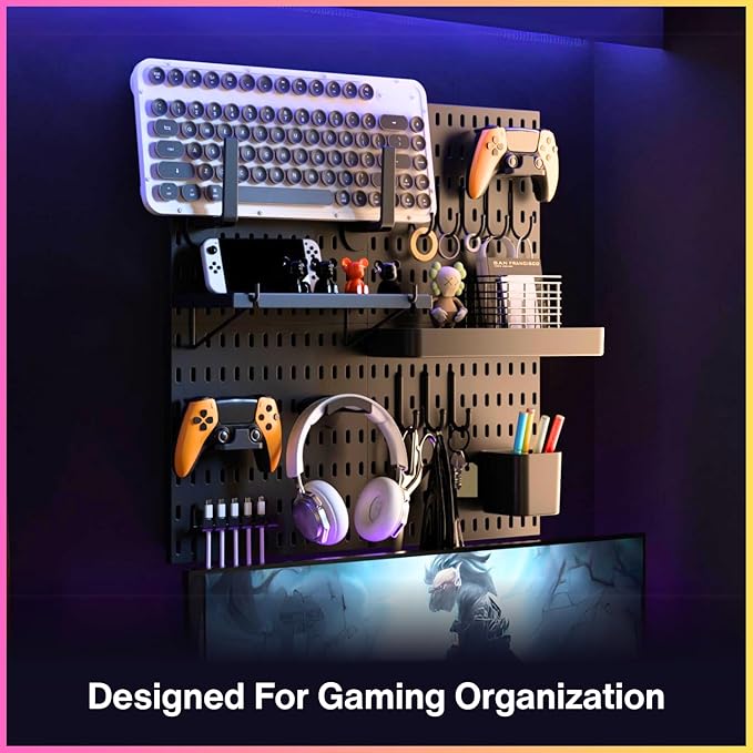 Keepo Peg Board Wall Organizer for Gaming Setup, Pegboard with Adhesives & Screw Mounts, Includes Peg Board Accessories for Gaming Accessories, Tech Storage & Office Organization (Black, 22″×22″)