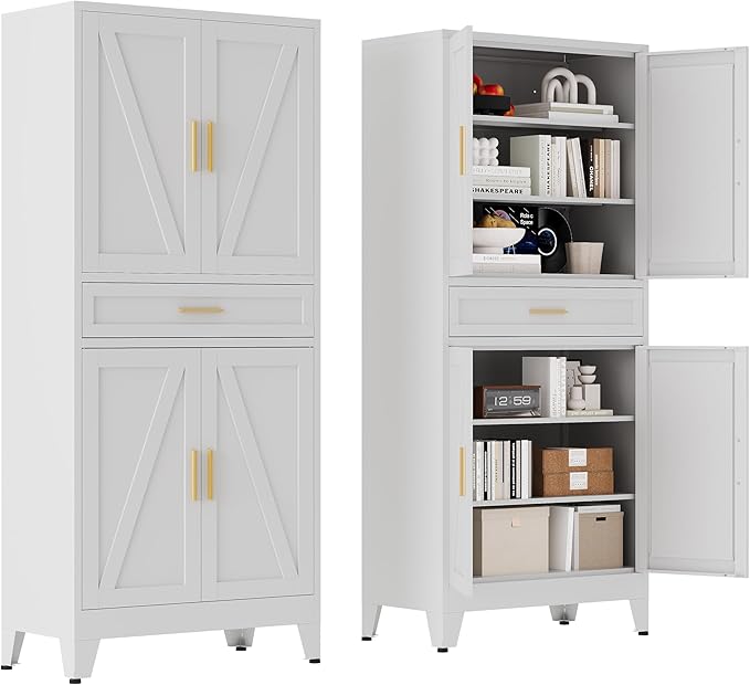 Washsemba 71 "Farmhouse Metal Filing Cabinet with a Drawer and 4 Adjustable Shelves, with 4 Large barn Door White Kitchen Cabinets, Metal Food Cabinets for Home, Kitchen, Dining/Living Room (White)