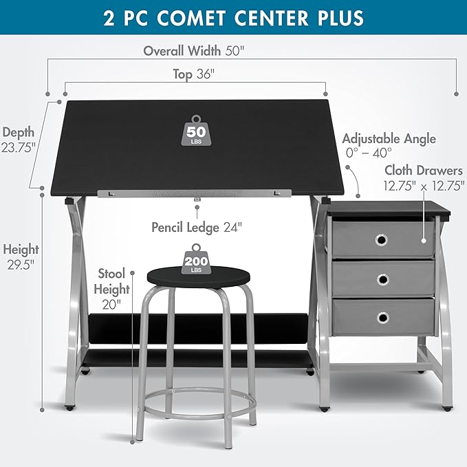 SD Studio Designs 2 Piece Comet Center Plus, Craft Table and Matching Stool Set with Storage and Adjustable Top, Silver/Black