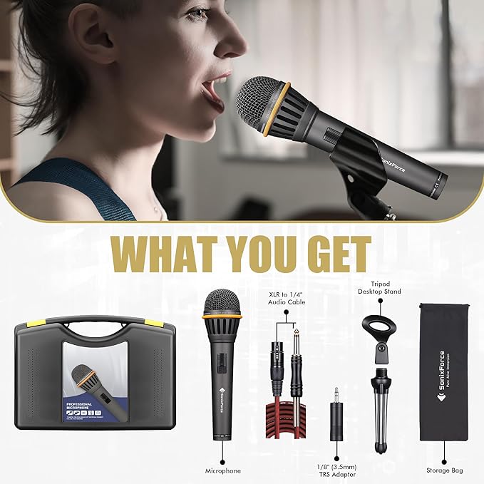 Dynamic Microphone - Professional Vocal Microphone for Singing - Handheld Wired Microphone with 16ft XLR to 1/4" Audio Cable - Mic for Speaking, Karaoke & Living Stage (Titanium Grey)