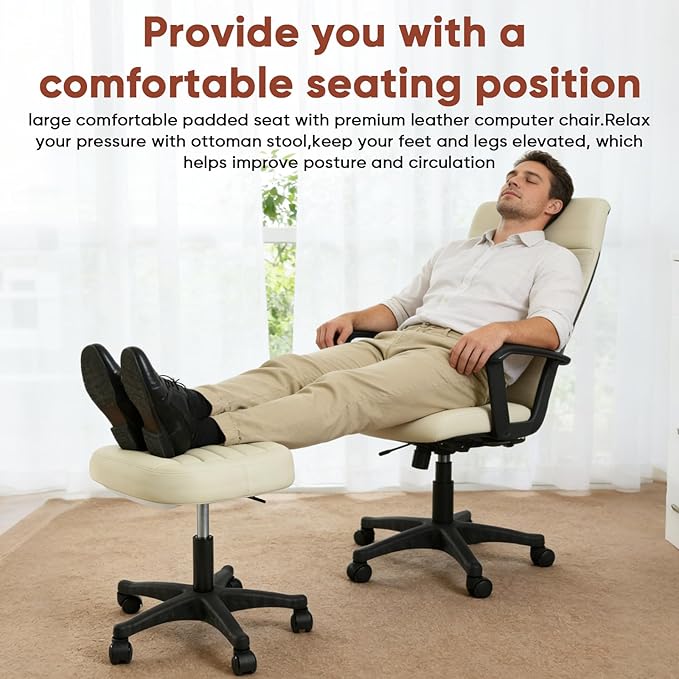 Height Adjustable Foot Stool,Large Seat Under Desk Footrest,Swivel Rolling Chair Sturdy Wheels,Ottoman Stool Simple Meeting Chair for Home Office,Creamywhite