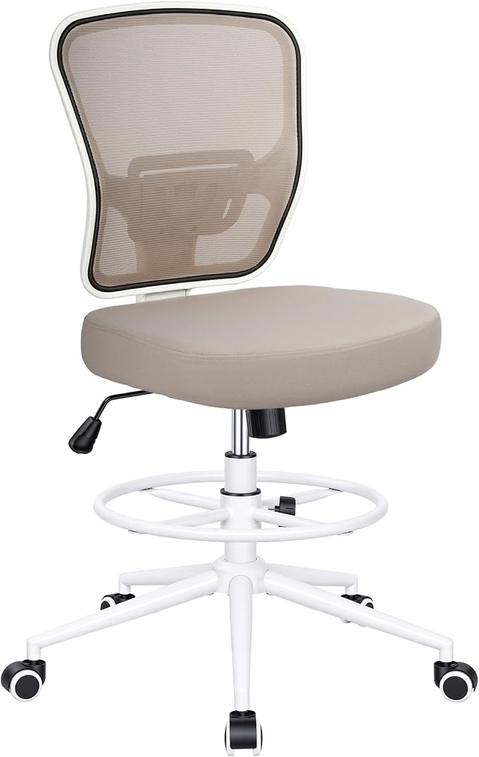 Armless Drafting Chair Tall Office Chair for Standing Desk - Adjustable Height Mesh Ergonomic Stool with Foot Ring, Rolling Counter Height Computer Chair for Small Spaces & Home Office