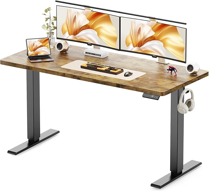 WALKINGDESK 55x24 Inches Height Adjustable Electric Standing Desk with 2 Hooks for Home Office, Ergonomic Sit Stand up Desk with Splice Board, Rustic Brown