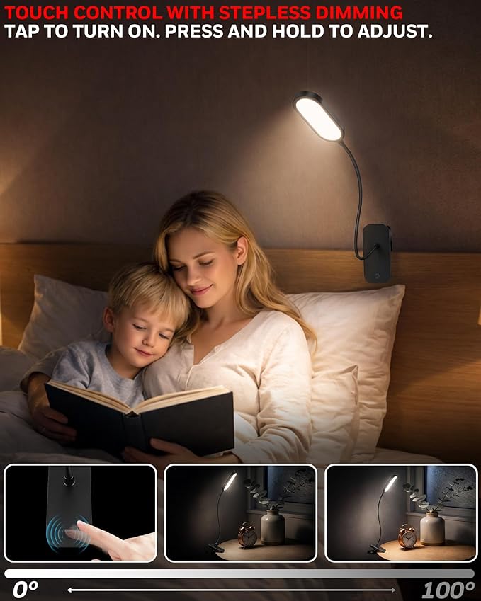 Honeywell Clip On Desk Lamp, Rechargeable Reading Light with Touch Control, Stepless Dimming, Portable Lamp for Desk, Bedside, Study