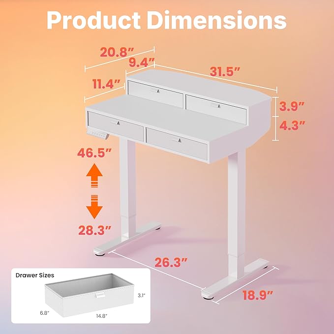 HUANUO 32 x 20 inch Electric Standing Desk with 4 Drawers, Adjustable Height Sit Stand Home Office Desk, C-Clamp Mount Compatible, Ergonomic Stand up Desk with 4 Preset Heights, White