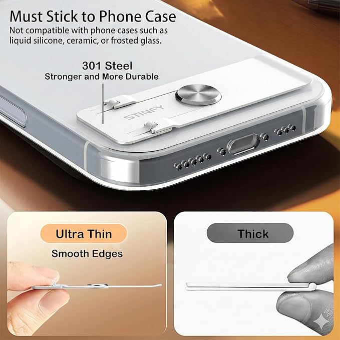 Phone Slim Stand Thin Kickstand, Ultra Thin Vertical Horizontal Universal Steel Metal Stable Mount Attachable Pocket Friendly Phone Holder for iPhone Samsung Phone Case (White 1-Pack)