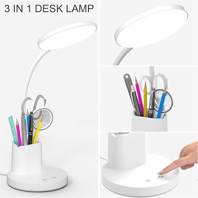 Desk Lamp, LED Desk Lamps for Home Office, Touch Table Lamp with 3 Color Modes 360° Adjustable Arm, Dimmable Desk Light with Pen Phone Holder for College Dorm, White