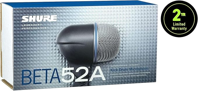 Shure BETA 52A Kick Drum Microphone - Supercardioid Dynamic Mic with High Output Neodymium Element, Locking Stand Adapter, Durabl Steel Mesh Grille and Shock Mount