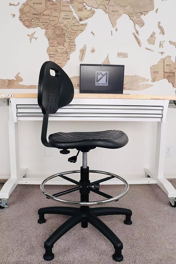 Chair Master Heavy Duty Durable Drafting Stool - Easy to Clean! Ergonomic Polyurethane Chair. Seat Height Adjustable w/Footring for Home, Automotive, Lab, Cleanroom (Non-Rolling Glides, Tall Stool).