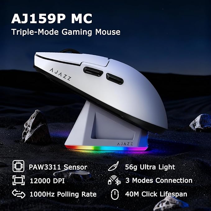 AJ159P MC Wireless Gaming Mouse, 12000 DPI, Tri-Mode 2.4G/Bluetooth/Wired, Magnetic RGB Charging Dock, 56g Ultra-Light, Programmable 6 Buttons - Perfect for Gaming, Work & Travel (White)