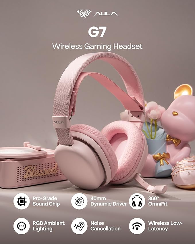 MechLands Aula G7 Wireless Gaming Headset for PS4/PS5/PC/Switch, Over-Ear Headphones with Detachable Noise Canceling Mic, RGB, Surround Sound, 60H Battery, 2.4GHz/BT/Wired (Pink)